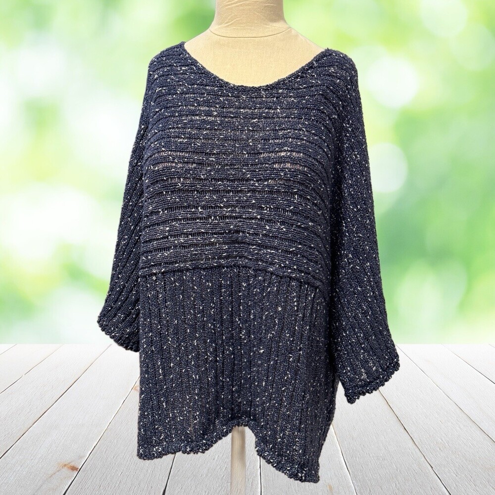 J JILL Kimono Sleeve Sweater Boxy Rib Knit Speckled Cotton Navy White Size L